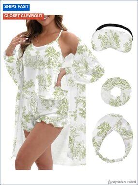 3-Piece Satin Pajama Set with Robe Camisole Ruffle Shorts Sleep Mask